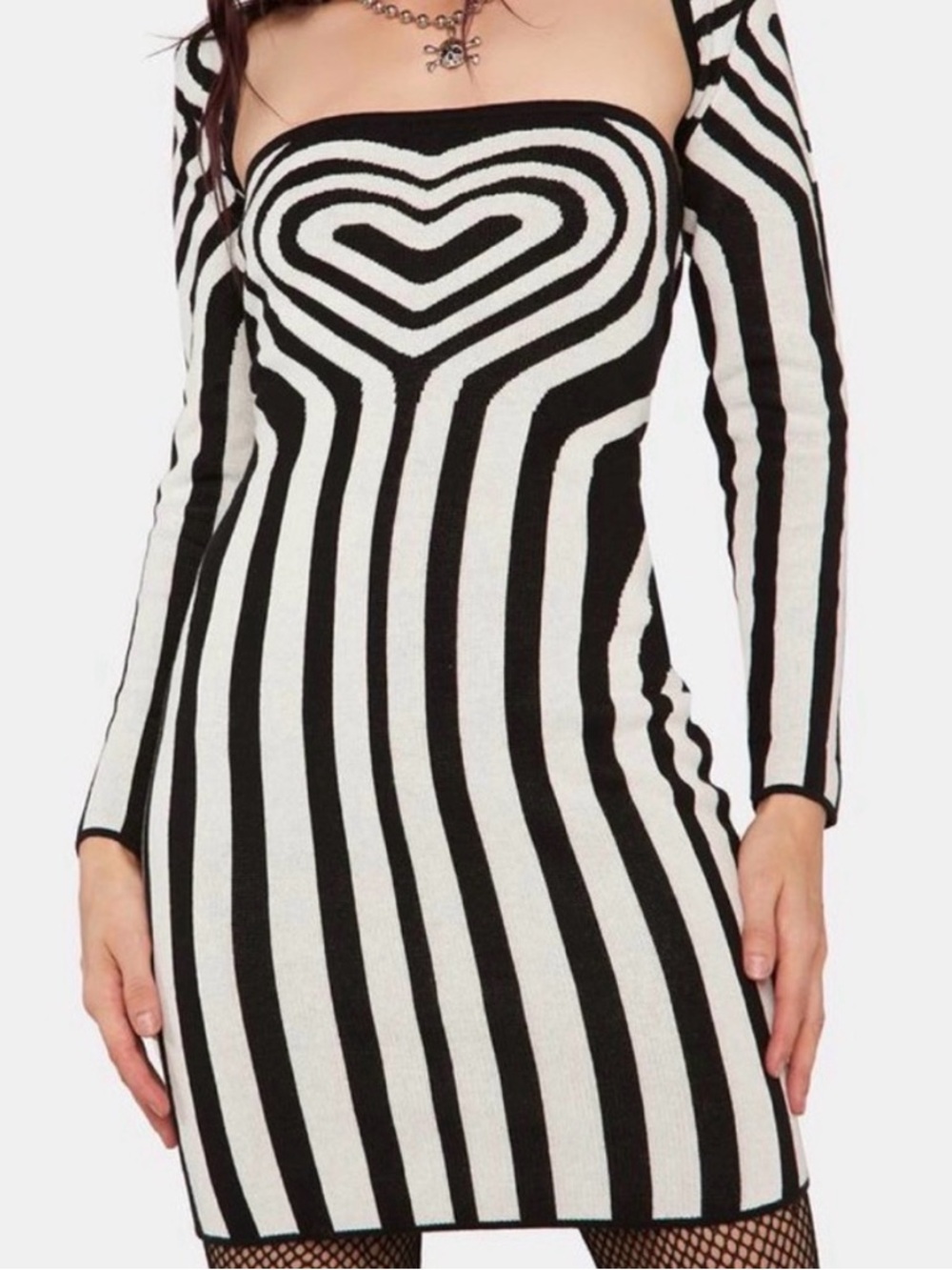 Black & White Heart-Stripe Long Sleeve Bodycon Dress